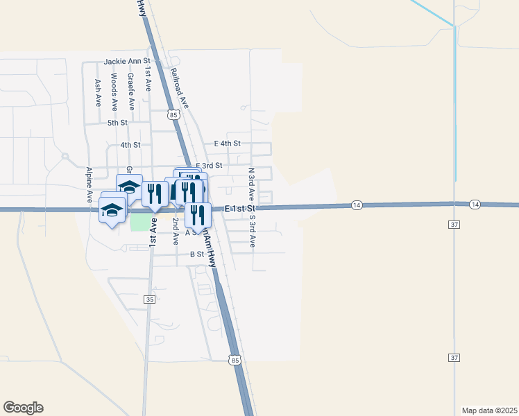 map of restaurants, bars, coffee shops, grocery stores, and more near East 1st Street in Ault