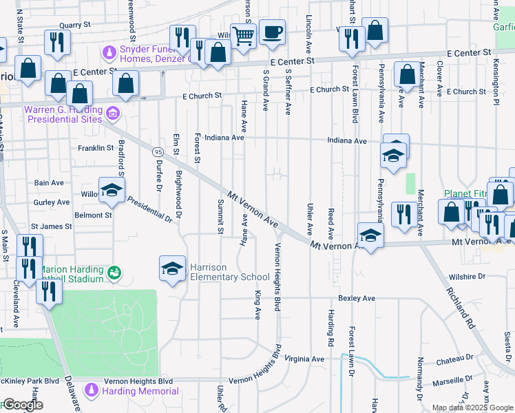 map of restaurants, bars, coffee shops, grocery stores, and more near 766 Mount Vernon Avenue in Marion