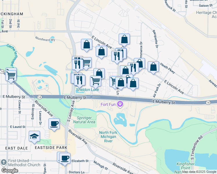 map of restaurants, bars, coffee shops, grocery stores, and more near 417 North Link Lane in Fort Collins