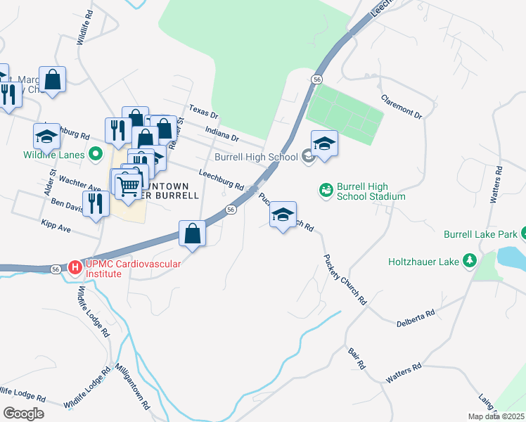 map of restaurants, bars, coffee shops, grocery stores, and more near 1006 Puckety Church Road in Lower Burrell