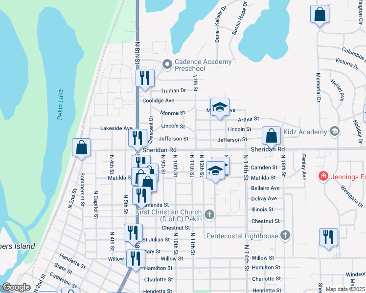 map of restaurants, bars, coffee shops, grocery stores, and more near 1007 Sheridan Road in Pekin