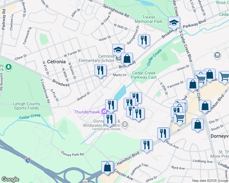 map of restaurants, bars, coffee shops, grocery stores, and more near 3747 Dorney Park Road in Allentown