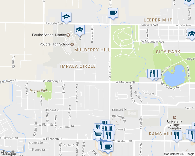 map of restaurants, bars, coffee shops, grocery stores, and more near 420 Briarwood Road in Fort Collins