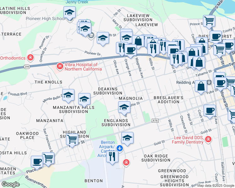 map of restaurants, bars, coffee shops, grocery stores, and more near 1347 Walnut Avenue in Redding