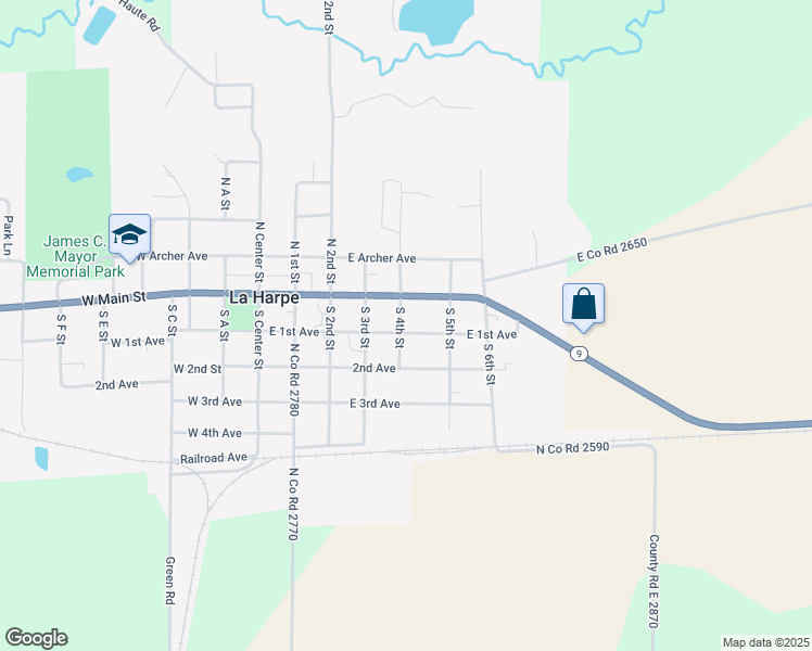 map of restaurants, bars, coffee shops, grocery stores, and more near 500 East 1st Avenue in La Harpe