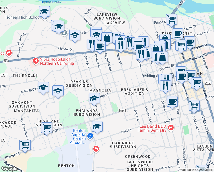 map of restaurants, bars, coffee shops, grocery stores, and more near 1415 Orange Avenue in Redding