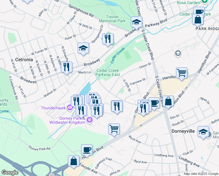 map of restaurants, bars, coffee shops, grocery stores, and more near 3547 Union Street in Allentown