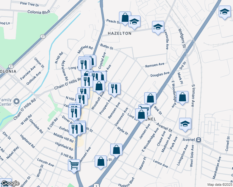 map of restaurants, bars, coffee shops, grocery stores, and more near 460 Avenel Street in Woodbridge Township