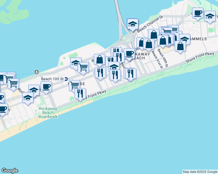 map of restaurants, bars, coffee shops, grocery stores, and more near 100-14 Shore Front Parkway in Queens