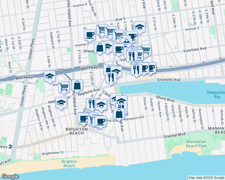 map of restaurants, bars, coffee shops, grocery stores, and more near 10 Shore Boulevard in Brooklyn