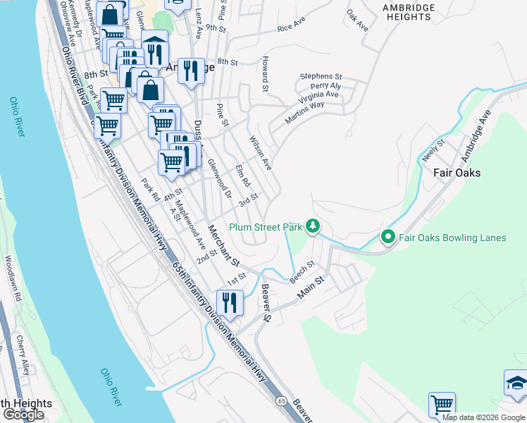 map of restaurants, bars, coffee shops, grocery stores, and more near 208 Elm Road in Ambridge