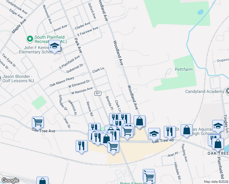 map of restaurants, bars, coffee shops, grocery stores, and more near 3229 Clark Lane in South Plainfield