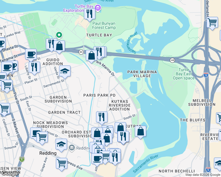 map of restaurants, bars, coffee shops, grocery stores, and more near 2081 Athens Ave in Redding