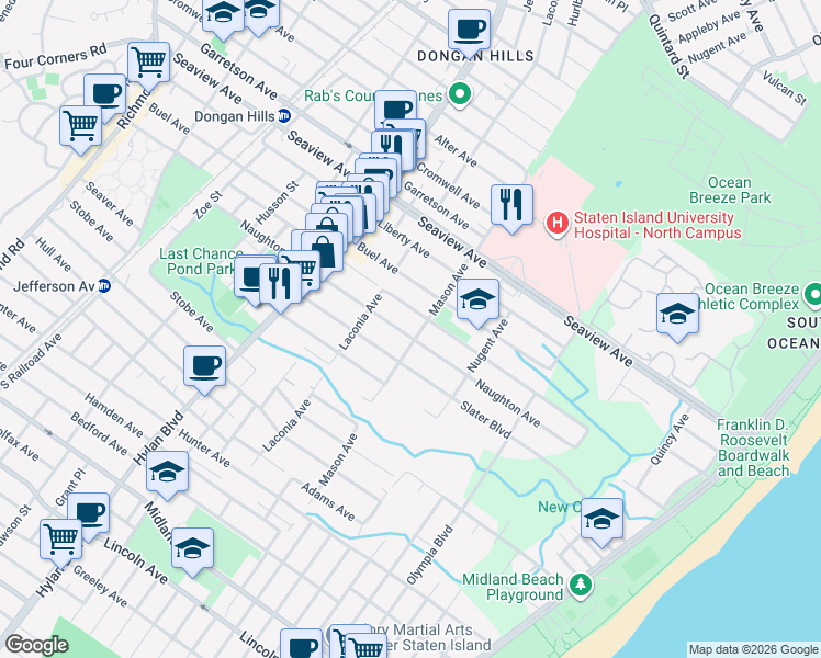 map of restaurants, bars, coffee shops, grocery stores, and more near 399 Naughton Avenue in Staten Island