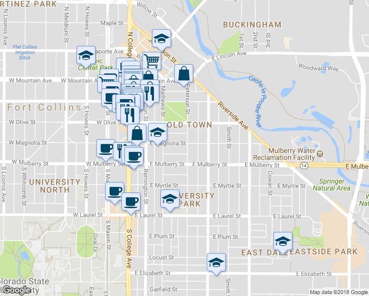 map of restaurants, bars, coffee shops, grocery stores, and more near 401 Peterson Street in Fort Collins