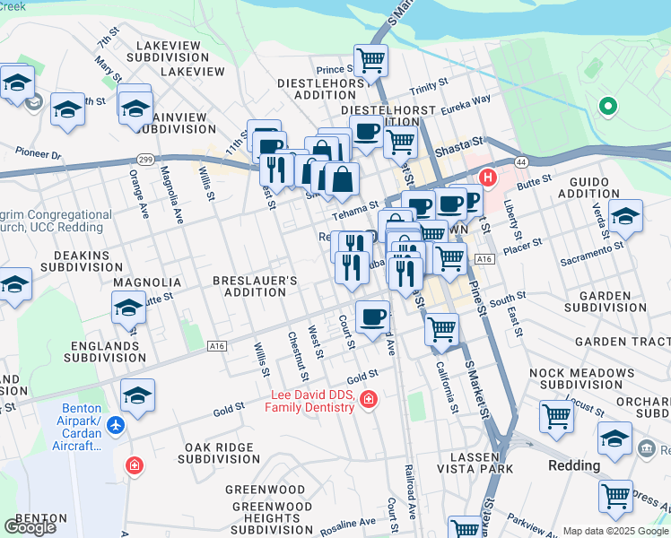 map of restaurants, bars, coffee shops, grocery stores, and more near 1535 Court Street in Redding