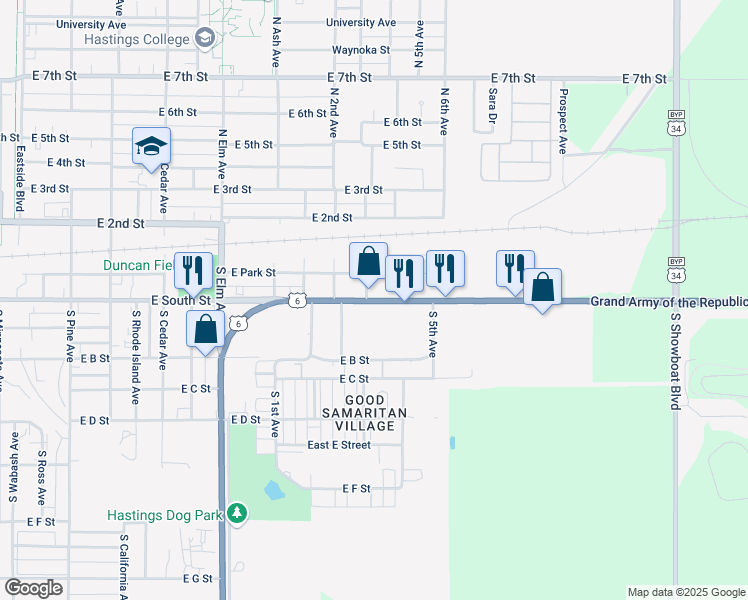 map of restaurants, bars, coffee shops, grocery stores, and more near 1117 East South Street in Hastings