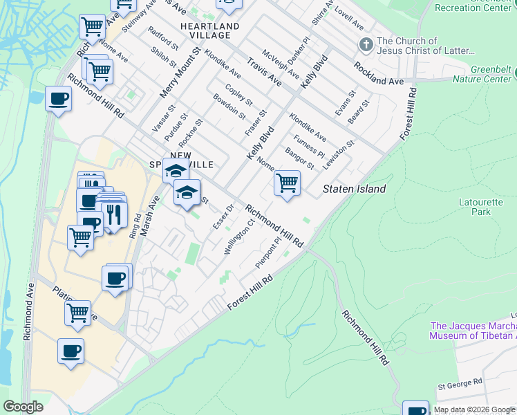 map of restaurants, bars, coffee shops, grocery stores, and more near 415 Richmond Hill Road in Staten Island