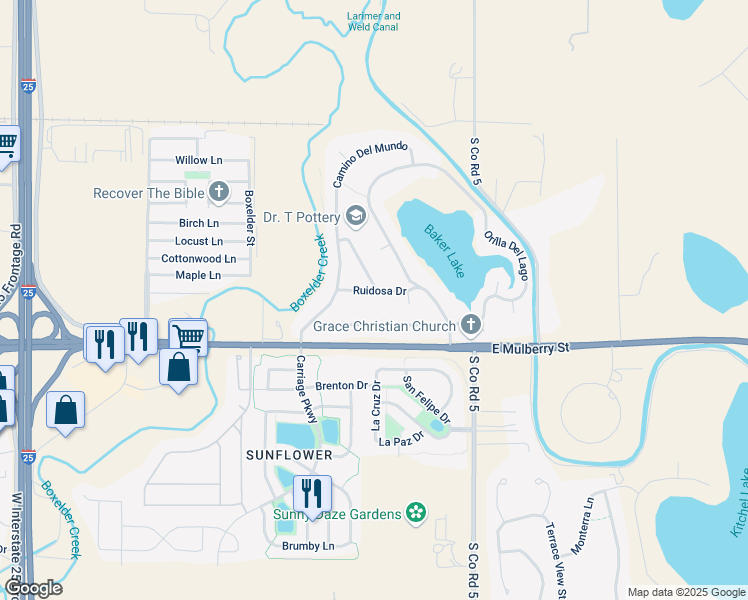 map of restaurants, bars, coffee shops, grocery stores, and more near 4817 Ruidosa Drive in Fort Collins