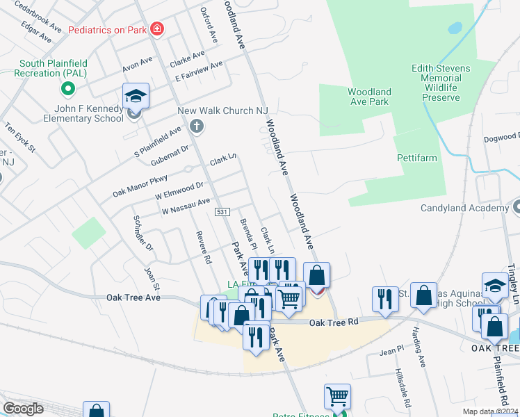 map of restaurants, bars, coffee shops, grocery stores, and more near 3229 Clark Lane in South Plainfield