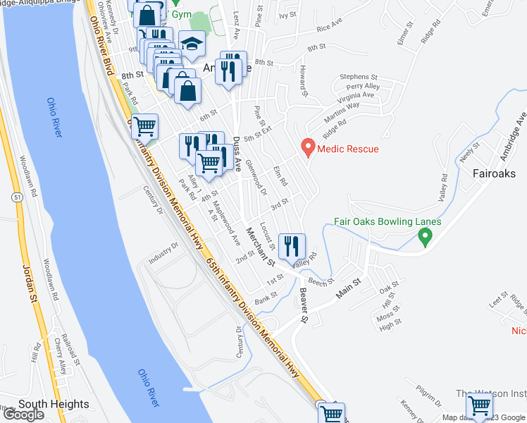 map of restaurants, bars, coffee shops, grocery stores, and more near 300 Locust Street in Ambridge