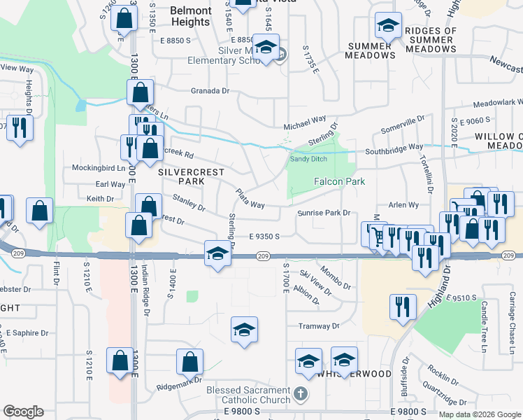 map of restaurants, bars, coffee shops, grocery stores, and more near 1630 Plata Way in Sandy