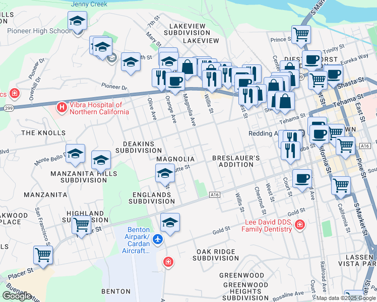 map of restaurants, bars, coffee shops, grocery stores, and more near 1421 Orange Avenue in Redding