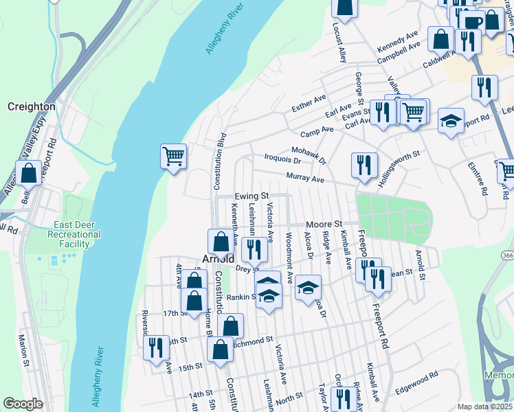 map of restaurants, bars, coffee shops, grocery stores, and more near 2022 Leishman Avenue in Arnold
