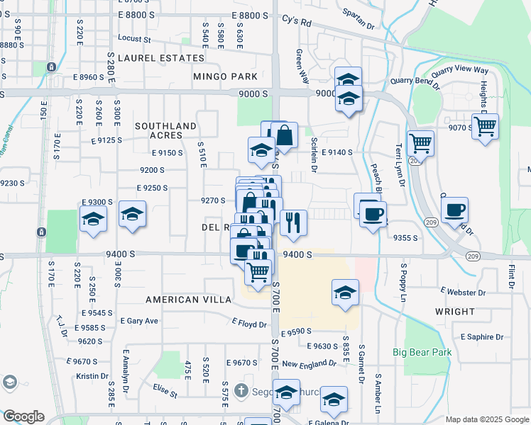 map of restaurants, bars, coffee shops, grocery stores, and more near 9286 South 700 East in Sandy
