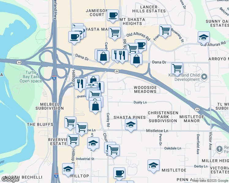 map of restaurants, bars, coffee shops, grocery stores, and more near 1055 Hawthorne Avenue in Redding