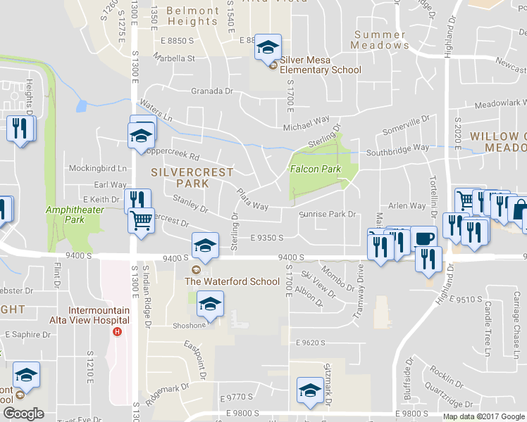 map of restaurants, bars, coffee shops, grocery stores, and more near 1630 Plata Way in Sandy
