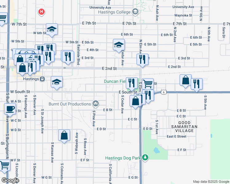 map of restaurants, bars, coffee shops, grocery stores, and more near 409 East South Street in Hastings