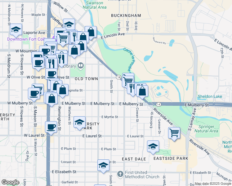map of restaurants, bars, coffee shops, grocery stores, and more near 401 Lilac Ln in Fort Collins