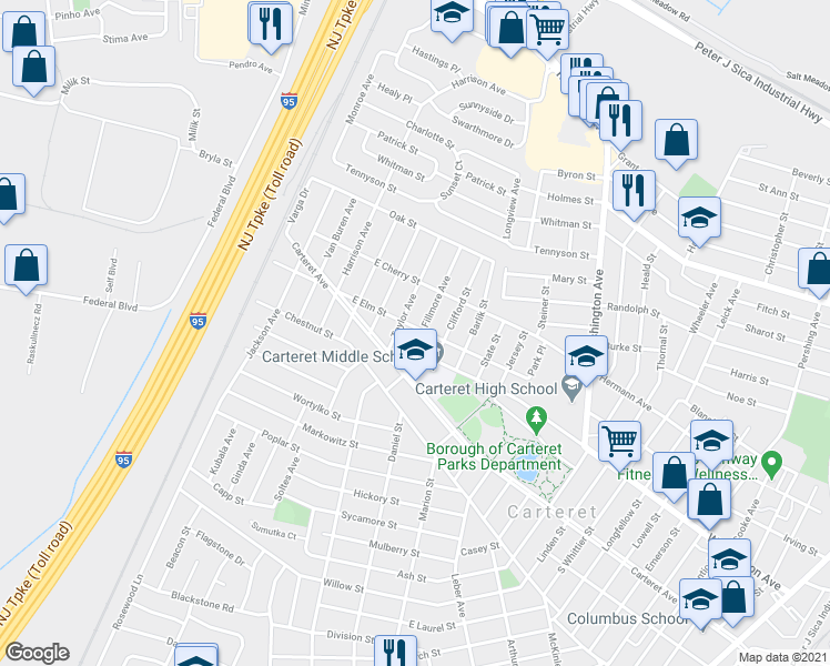 map of restaurants, bars, coffee shops, grocery stores, and more near 15B Fillmore Avenue in Carteret