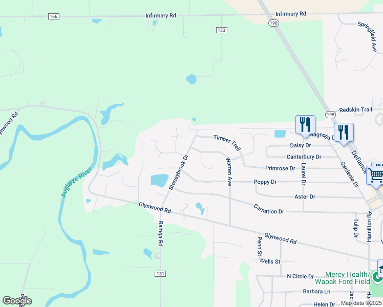 map of restaurants, bars, coffee shops, grocery stores, and more near 910 Stoneybrook Road in Wapakoneta