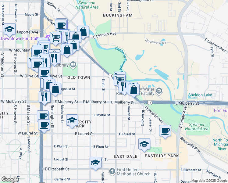 map of restaurants, bars, coffee shops, grocery stores, and more near 401 Stover Street in Fort Collins