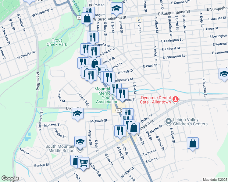 map of restaurants, bars, coffee shops, grocery stores, and more near 342 West Wabash Street in Allentown