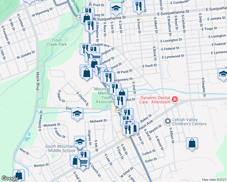 map of restaurants, bars, coffee shops, grocery stores, and more near 342 West Wabash Street in Allentown