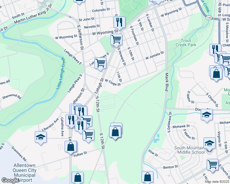 map of restaurants, bars, coffee shops, grocery stores, and more near 1401 South 12th Street in Allentown