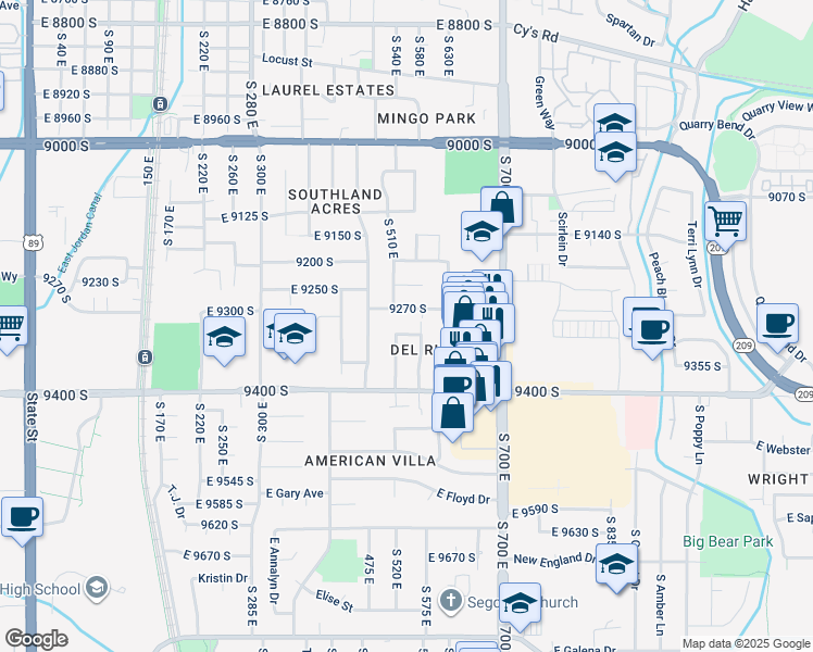 map of restaurants, bars, coffee shops, grocery stores, and more near 545 East 9300 South in Sandy