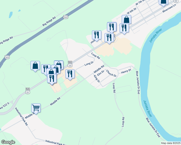 map of restaurants, bars, coffee shops, grocery stores, and more near 2497 Middle Road in Lewistown