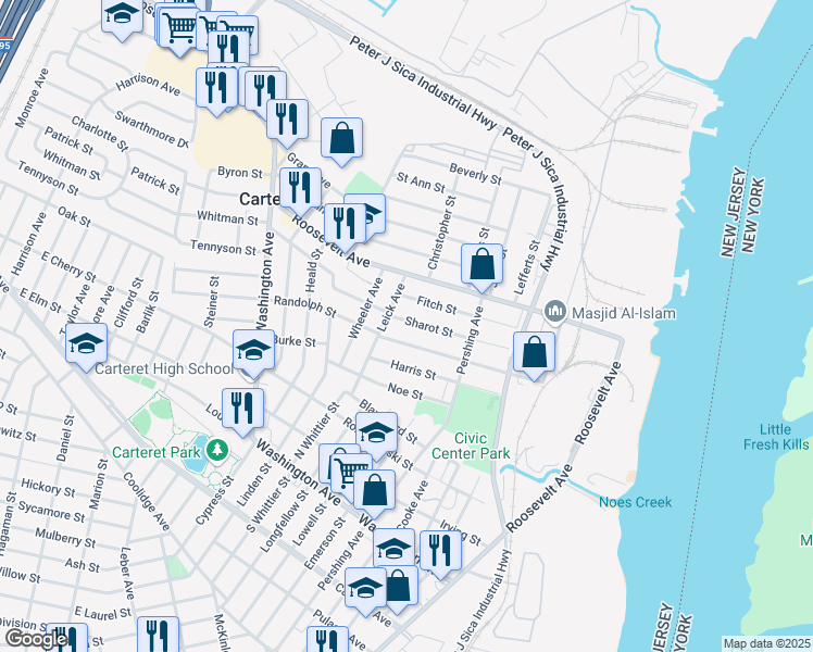 map of restaurants, bars, coffee shops, grocery stores, and more near 95 Sharot Street in Carteret
