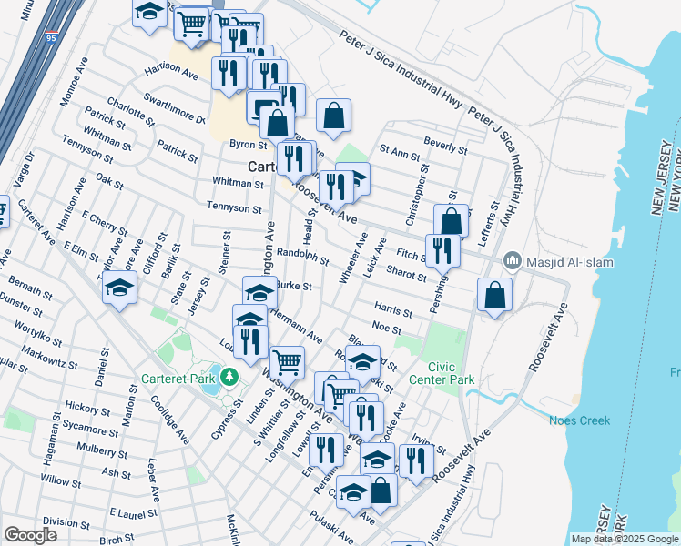 map of restaurants, bars, coffee shops, grocery stores, and more near 33 Wheeler Avenue in Carteret