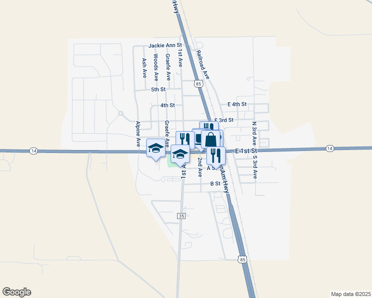map of restaurants, bars, coffee shops, grocery stores, and more near 103 East 1st Street in Ault
