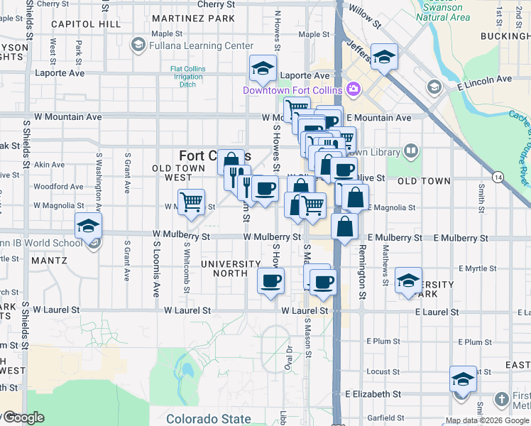 map of restaurants, bars, coffee shops, grocery stores, and more near 417 South Howes Street in Fort Collins