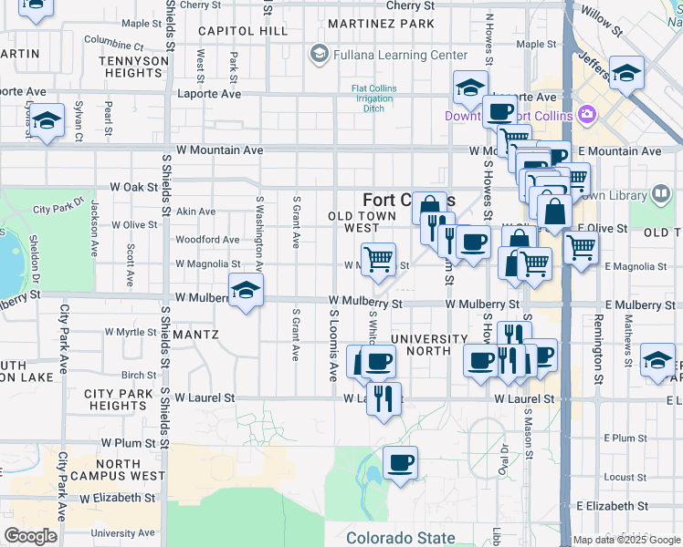 map of restaurants, bars, coffee shops, grocery stores, and more near 619 West Magnolia Street in Fort Collins