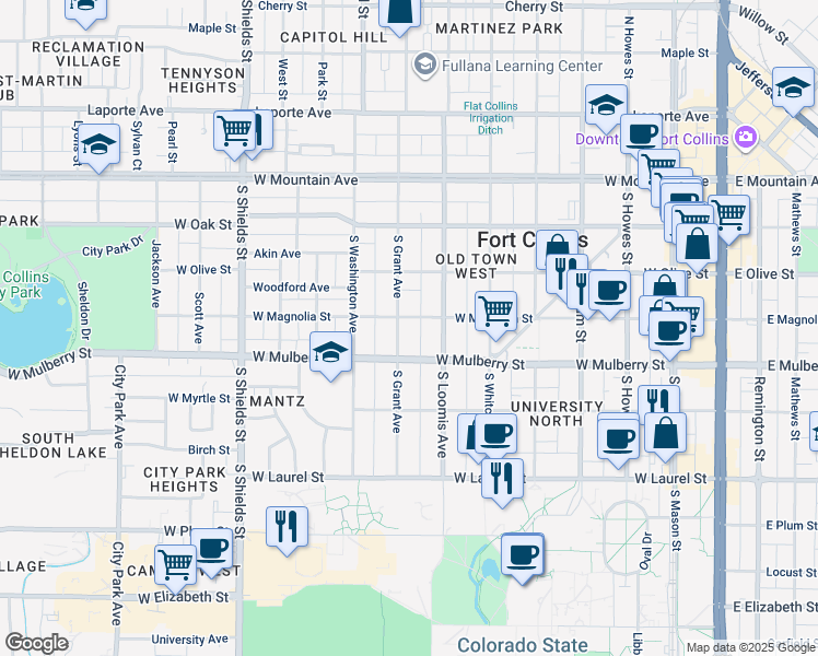 map of restaurants, bars, coffee shops, grocery stores, and more near 409 South Grant Avenue in Fort Collins