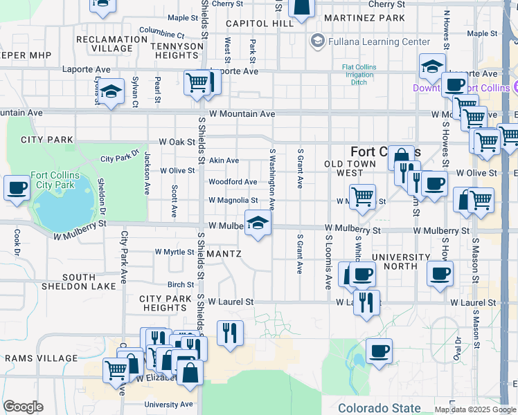 map of restaurants, bars, coffee shops, grocery stores, and more near 509 Gordon Street in Fort Collins