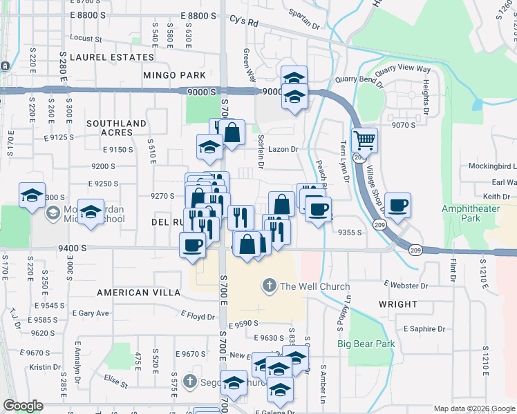 map of restaurants, bars, coffee shops, grocery stores, and more near 9293 Ashbourne Drive in Sandy