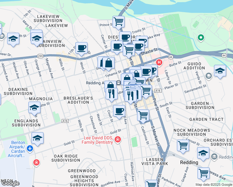 map of restaurants, bars, coffee shops, grocery stores, and more near 1600 Oregon Street in Redding